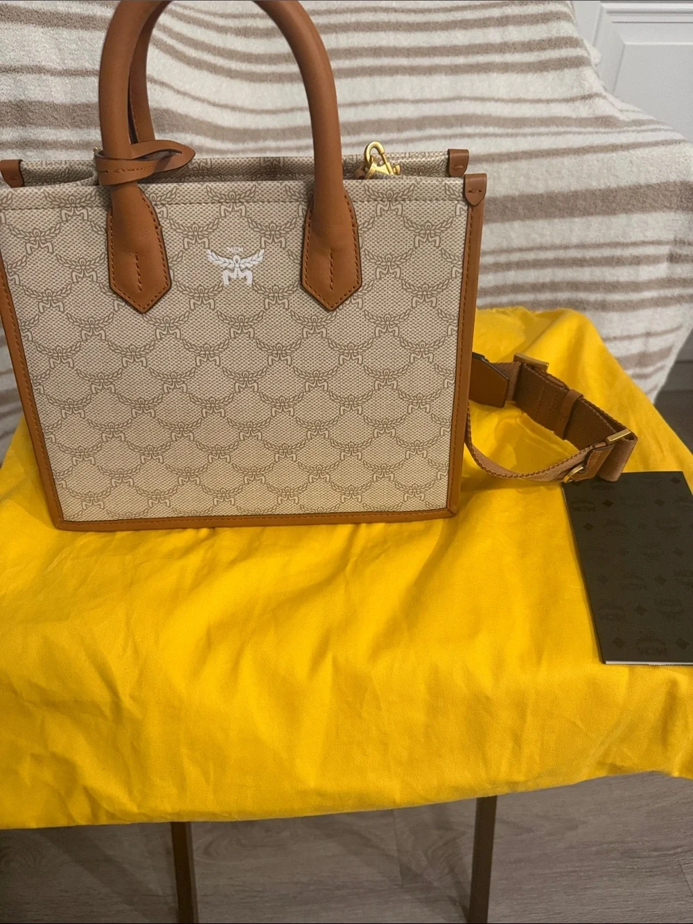 MCM Beige Canvas Satchel with Tan Leather Trim